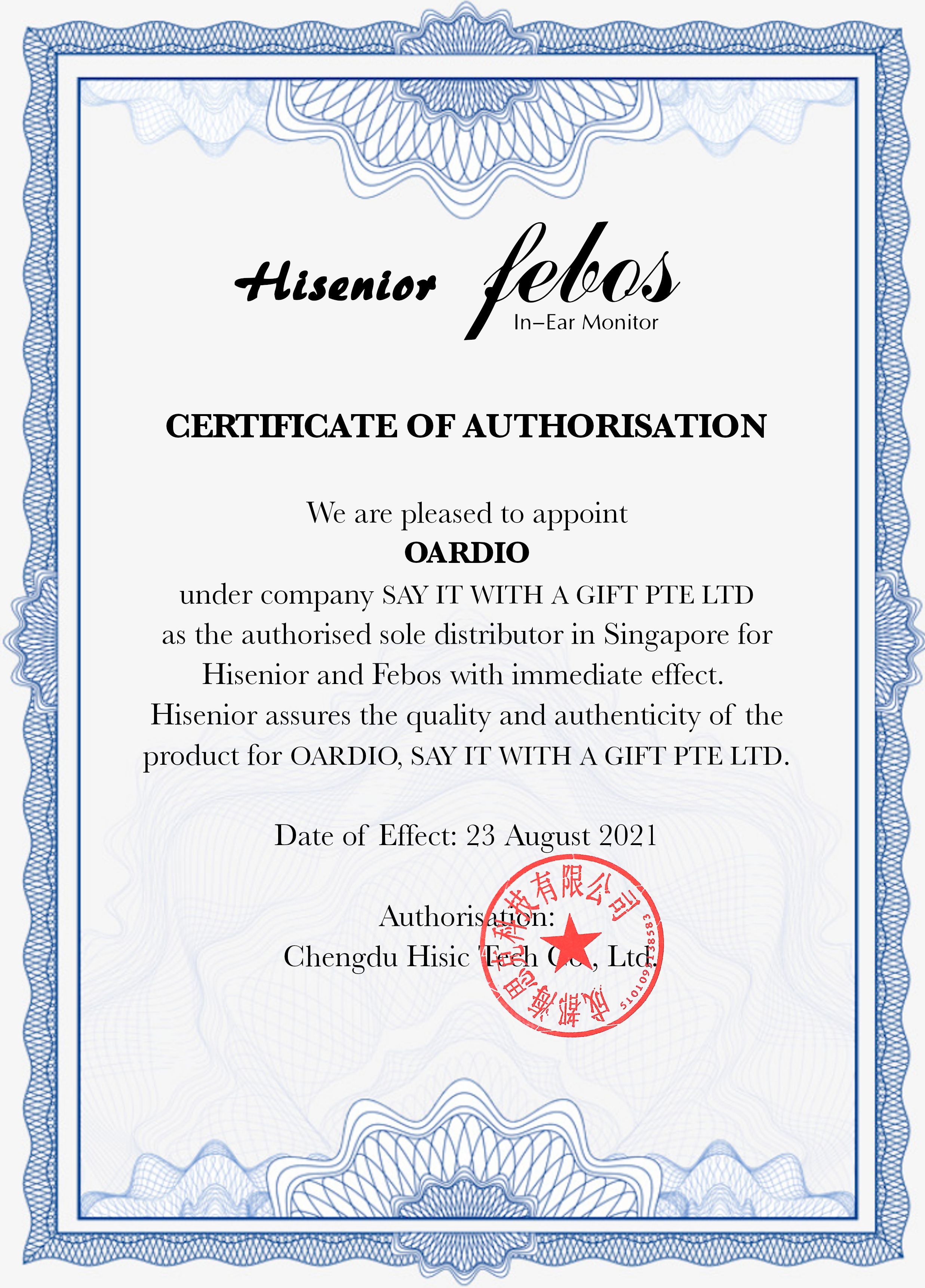 Hisenior Febos Singapore Sole Distributor Oardio Certificate of Authorisation