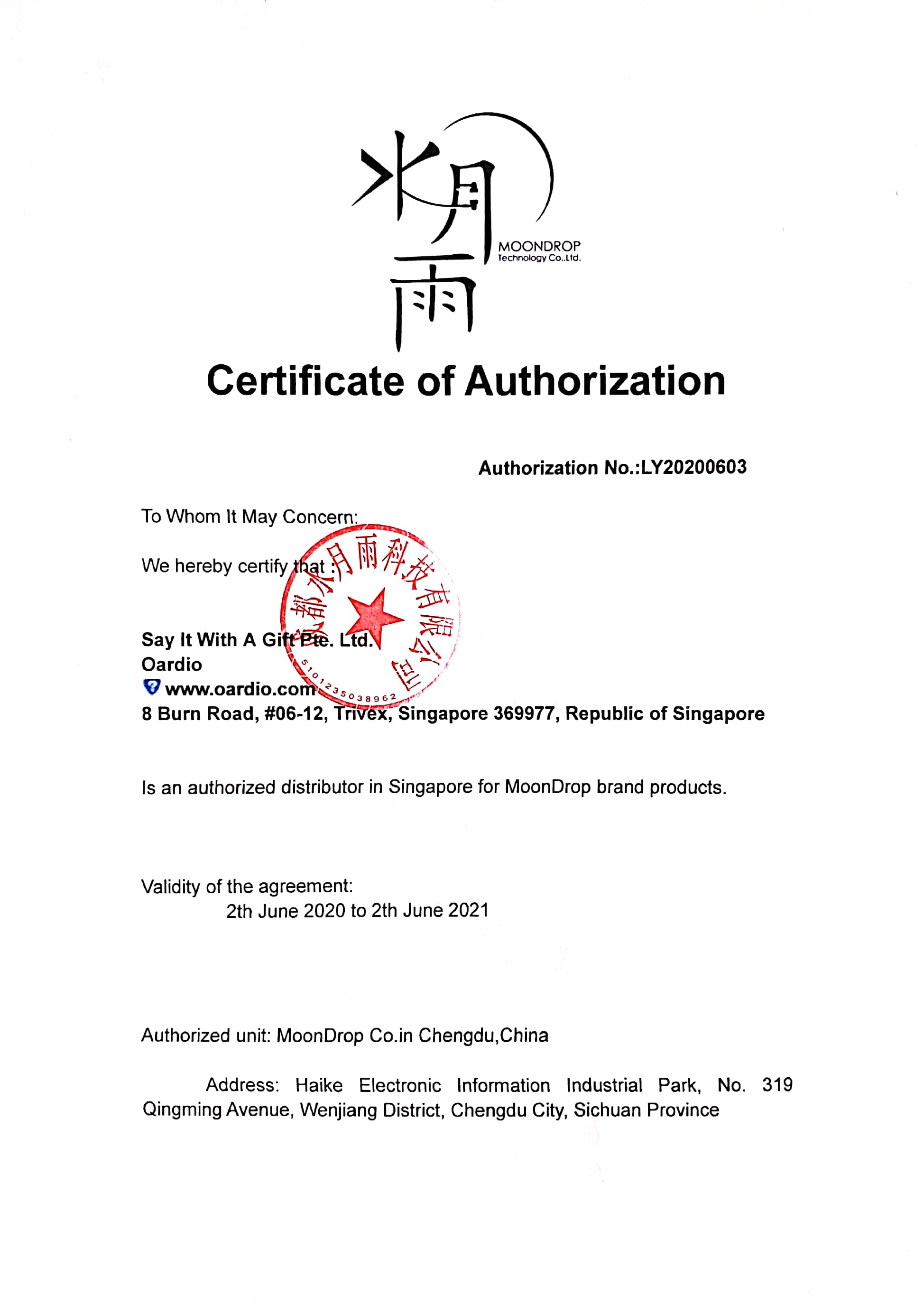 Moondrop Singapore Distributor Oardio Authorization Certificate