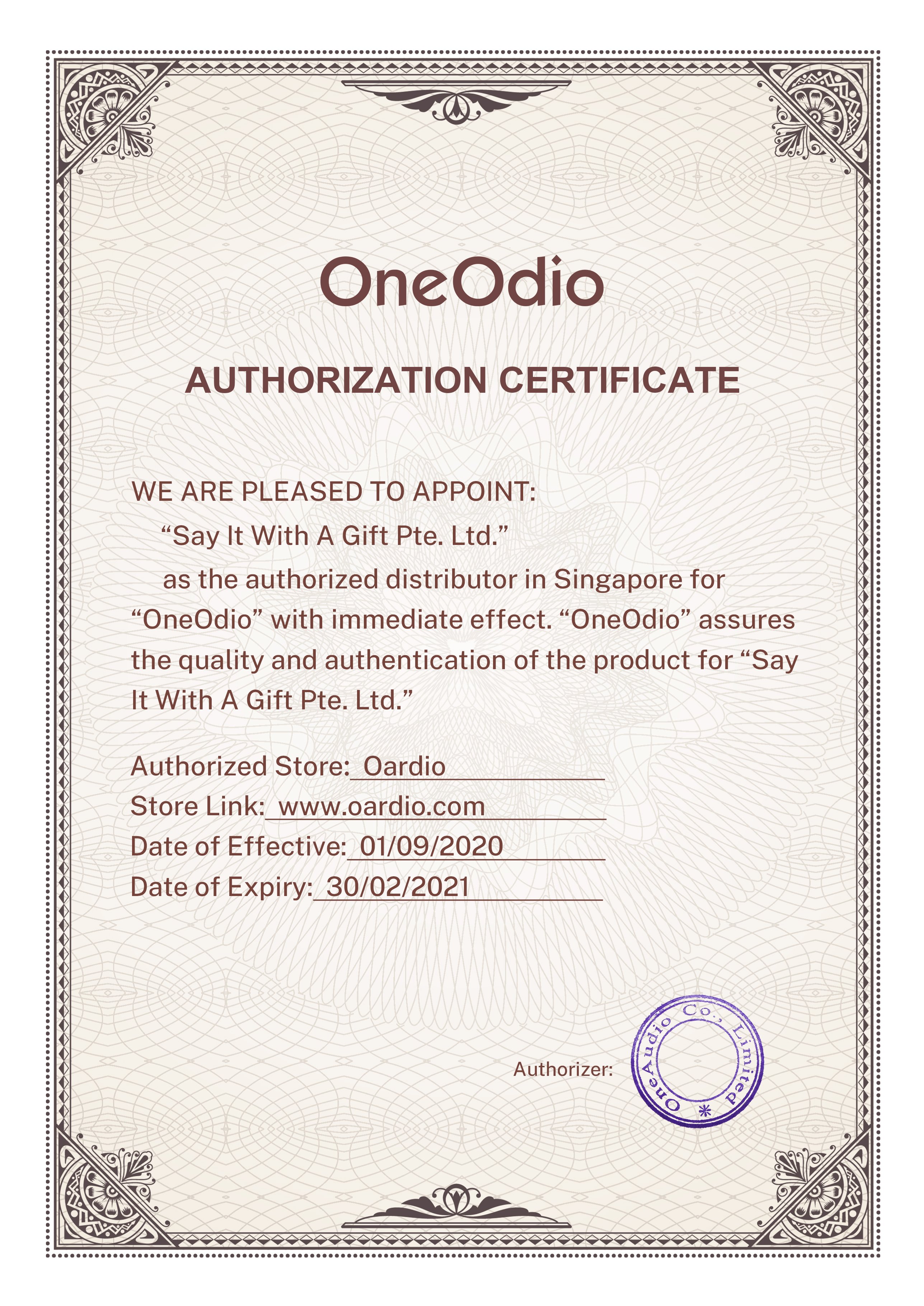 OneOdio Authorized Dealer Certificate